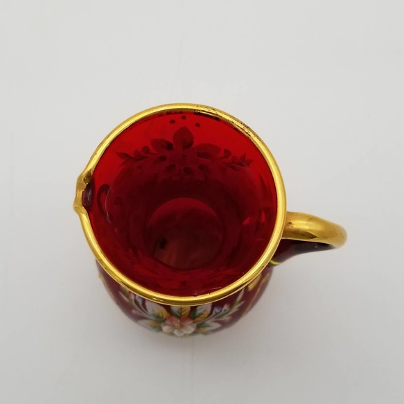 Ruby Red Glass Handpainted Miniature Vase Pitcher Gold Floral Italian Vintage - Picture 6 of 8